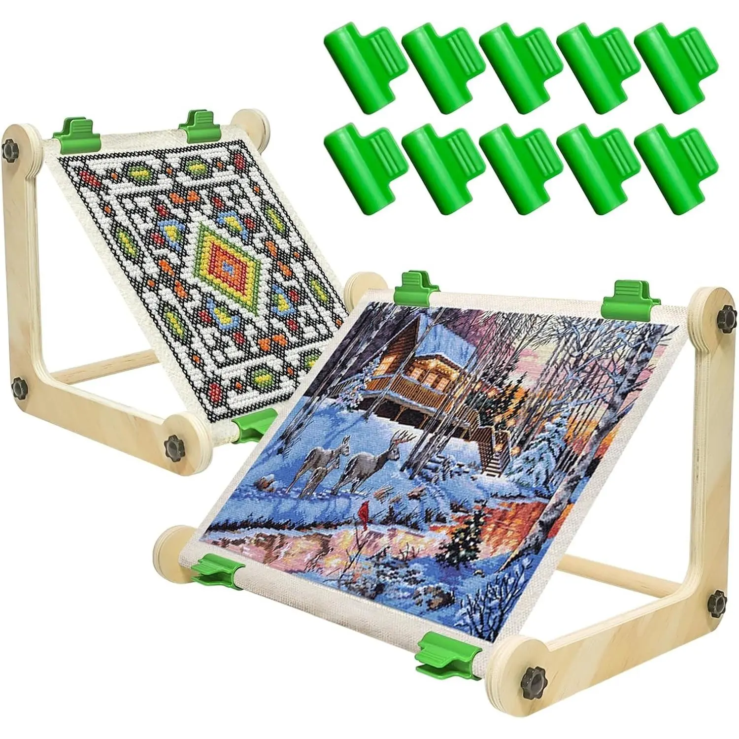 2 Pack Adjustable Wooden Embroidery Stands for Cross Stitch w 2 Sizes Rods Tabletop Hoop Holder Tapestry Needlepoint Lap Natural Wood Frame, for Sewing & Quilting, Perfect Gift for Women's Birthday