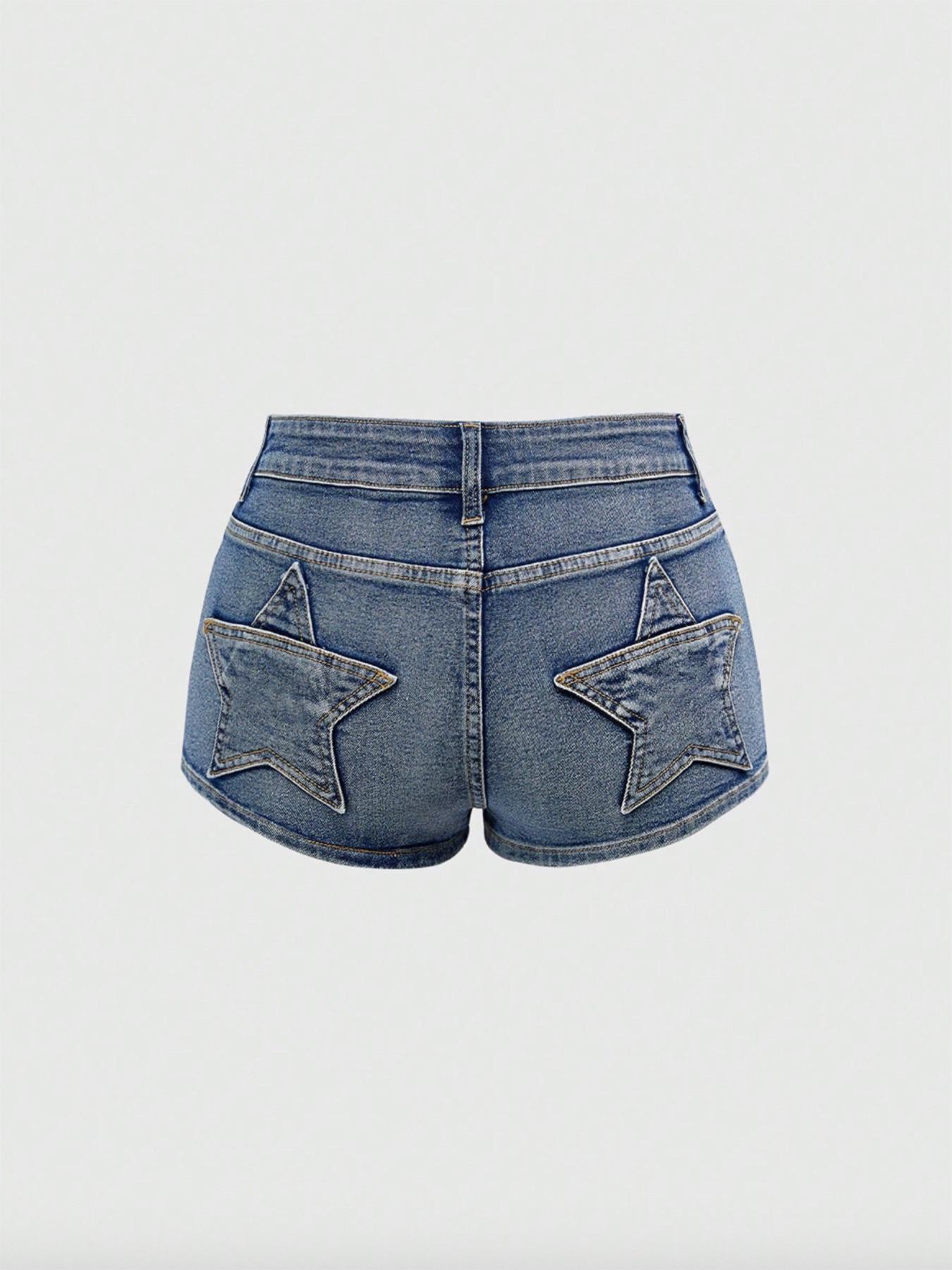 Women's Casual Chic Retro Low-Rise Super Short Butt Pocket Star Patch Low Waist Denim Shorts, Y2K Stretch Denim Shorts, Comfortable and Stylish Summer Bottoms, Perfect for Daily Wear and Leisure Activities
