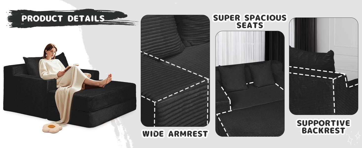 Winzoo Oversized Sleeper Chaise 4 in 1 Cloud Couch With Ottoman Pillows Upholstered Corduroy Lounge Chair Chenille Boneless Sofa Bed No Assembly