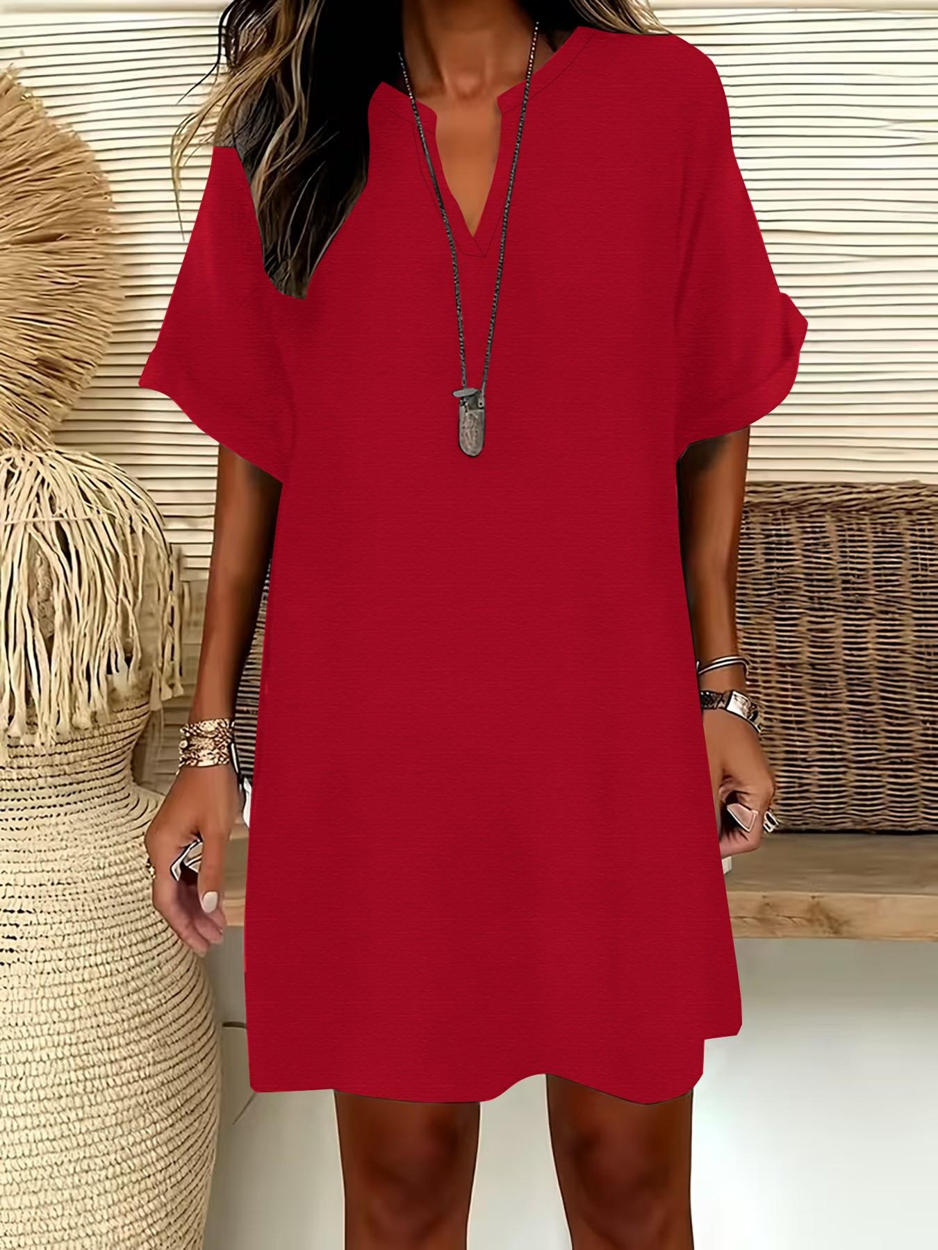 Women's Plain Notched-Neck Short Sleeve Midi Dress, Casual Chic Fashion Drop Shoulder A-Line Dress for Summer, Comfortable and Stylish Dress Women's Plain Notched-Neck Short Sleeve Midi Dress, Casual Chic Fashion Drop Shoulder A-Line Dress for Summer, Comfortable and Stylish Dress