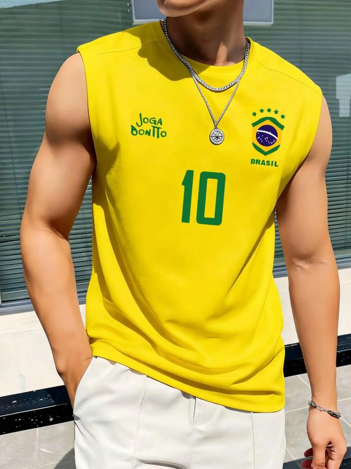 Men's Sporty Vest, Retro Brazilian Soccer Jersey, #10 Print, Casual Football Fan Wear, Mesh Outdoor Sleeveless Top, Regular Fit, Sleeveless Sports Vest