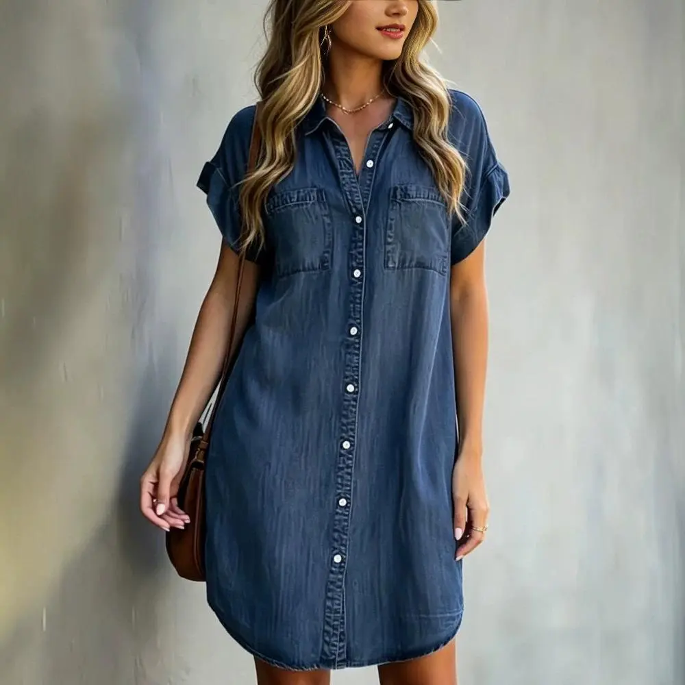 Denim Dress Summer Loose Casual V-Neck Short Sleeve Pocket Shirt Skirt