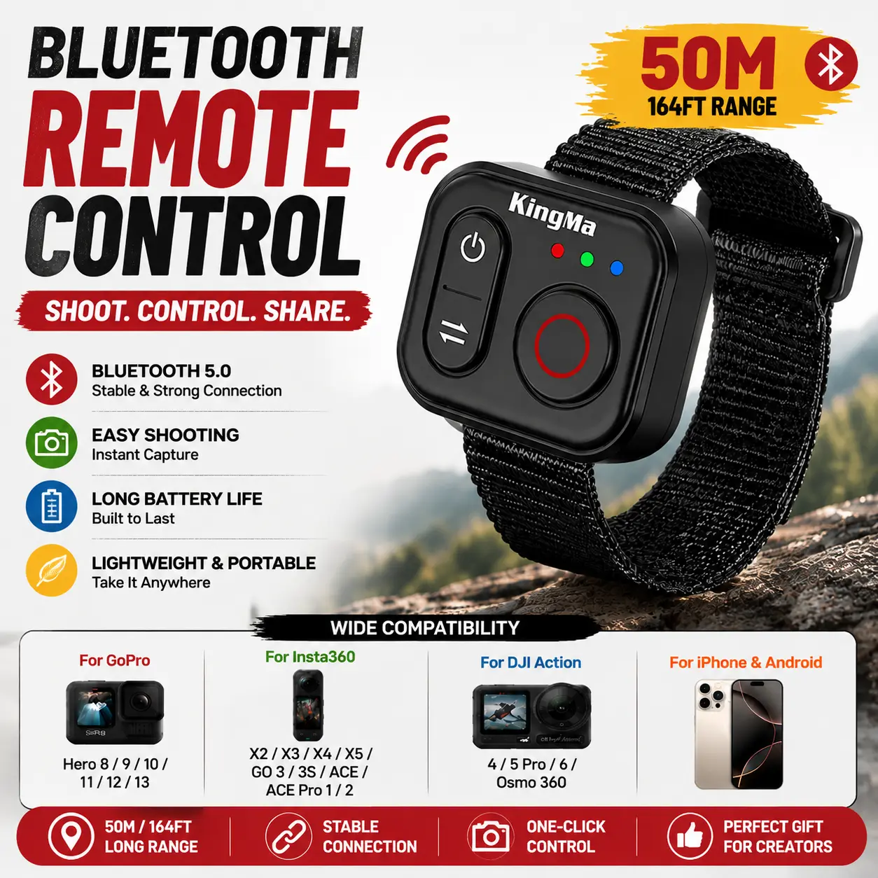 Smart Bluetooth Remote Shutter for GoPro & Action Cameras, 164FT Wireless Control Range, Hands-Free Camera Trigger with Wrist Mount, Compatible with Insta360, DJI Action, iPhone and Android