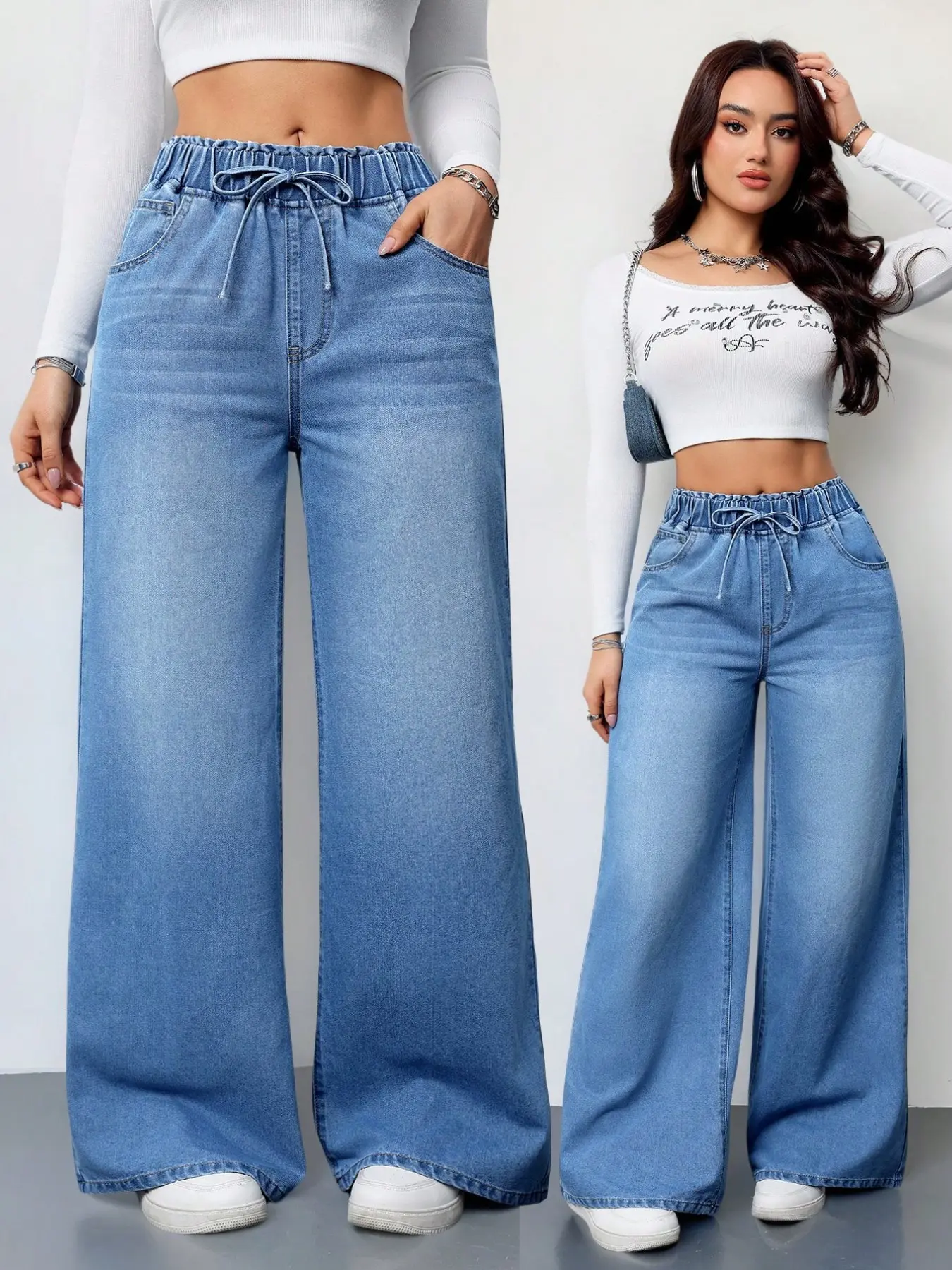Casual Elastic Waist Drawstring Denim Wide Leg Long Pants for Women, Non-Elastic High-Waisted Jeans, Comfortable Daily Wear
