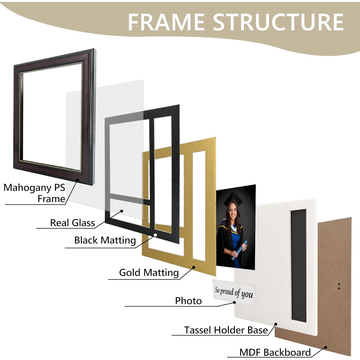 Graduation Photo Shadow Box Frame with Tassel Holder for 4x6 Pictures,Real Glass,Black over  Double Mat,Wall & Tabletop Design