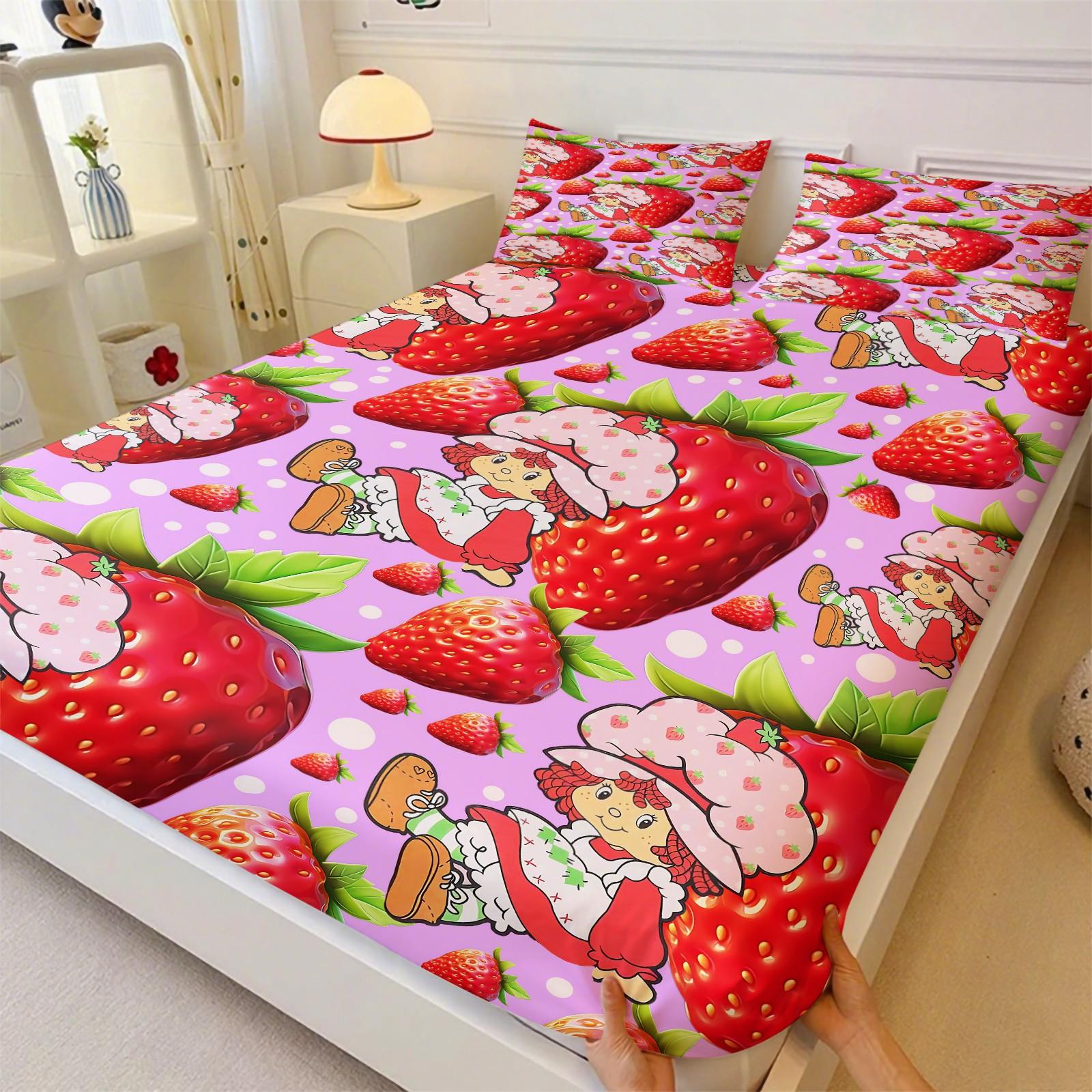 Anime Strawberry Girl Fitted Sheet Set, 1 Fitted Sheet + 2 Pillowcases - 3 Pcs Soft Breathable Bedding with Deep Pocket, 360° All-Round Wrap, Wrinkle Resistant, Cute Strawberry & Cat Cartoon Bed Sheets for Girls, Full Size
