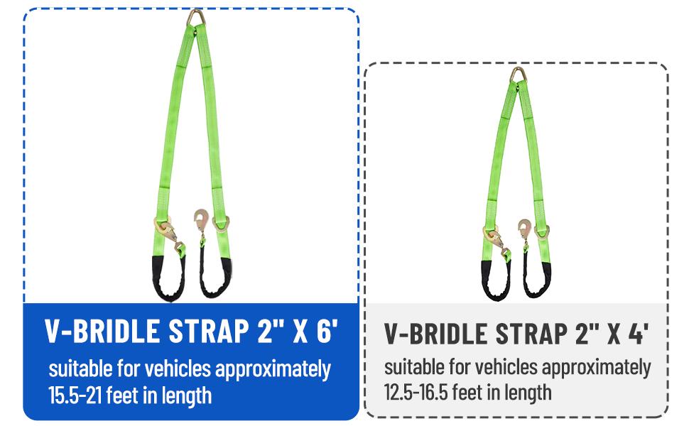 V-Bridle Strap 2"x6" & 2"x4" w/Snap Hooks w/ Cordura Sleeve & Axle Straps Recovery Tow Truck Accessories Webbing Vehicle Protection Towable Atv High Visibility