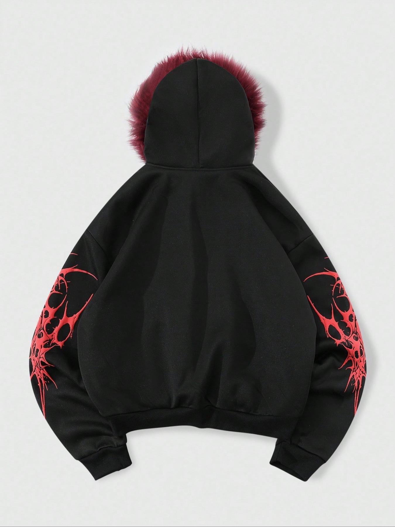 Y2K Cyber Grunge Full Zip Hoodie with Red Furry Hood | Gothic