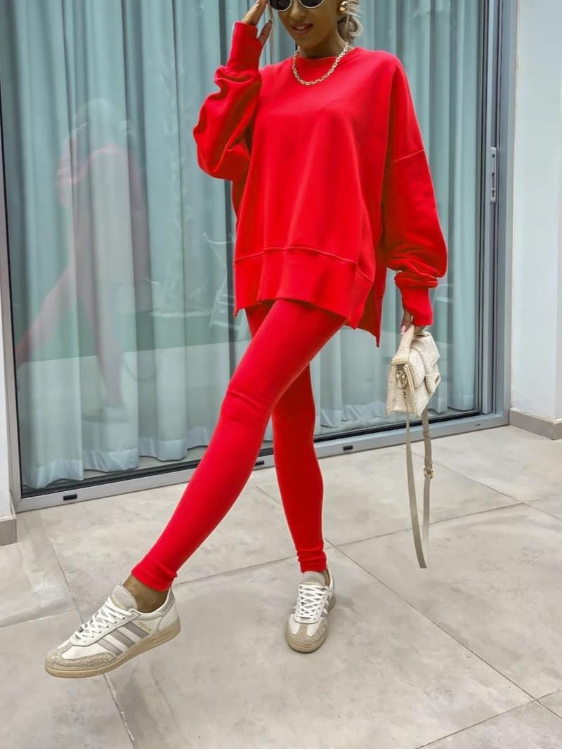 Women's Solid Sweatshirt & Skinny Pants Two-piece Set, Casual Fashion Cozy Round Neck Long Sleeve Pullover & Trousers for Daily Outdoor Wear, Ladies Spring & Fall Clothes