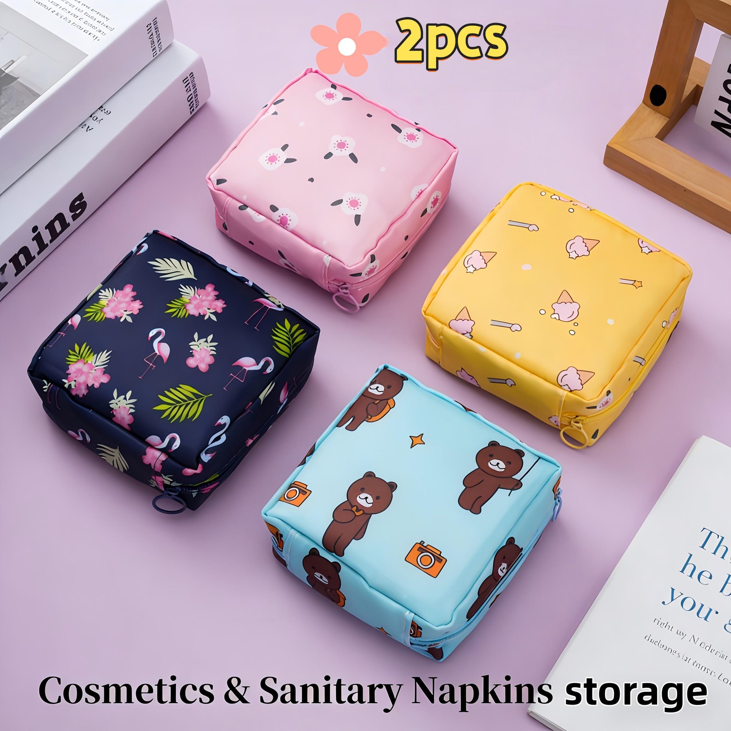 Modern Polyester Sanitary Napkin Storage Bag Set, 2 Pieces, Cartoon Design, Large Capacity, Portable, Home Organizer Basket Box Container