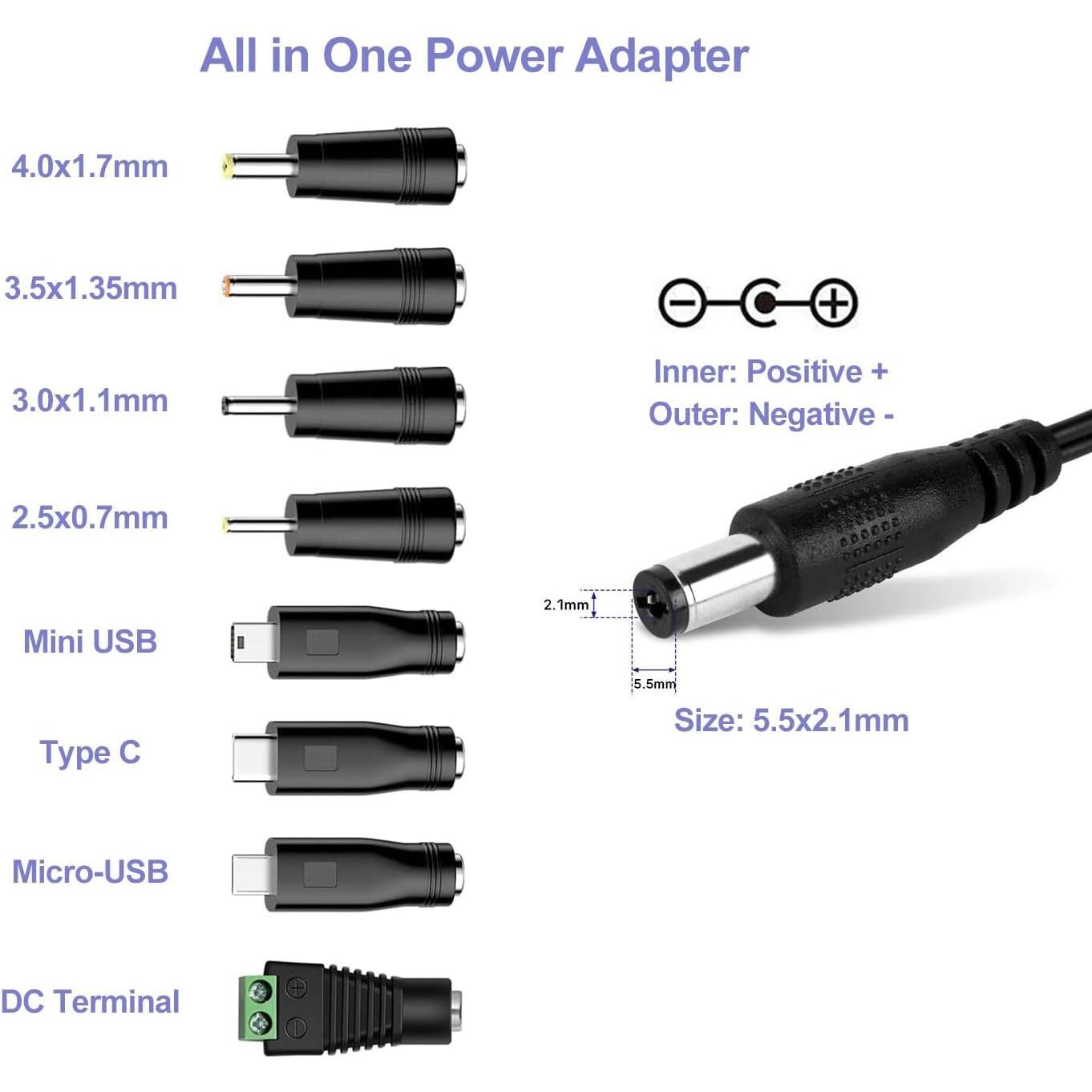 5V 1A Safety Guarded Power Adapter with Multiple Tips - 5W Charger, AC 100V-240V to DC, USB Type-C Cord for Camera, Raspberry Pi