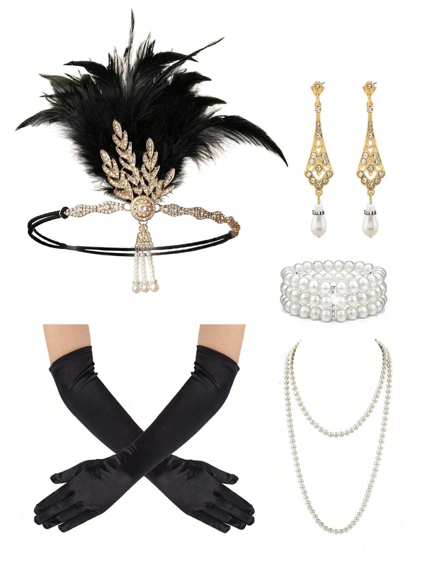 ️5PCS 1920s Gold Accessories Flapper Great Gatsby Vintage Retro Costume Set NEW 1920 Accessories Set, 5pcs Great Gatsby Accessories Guinea  main image 2
