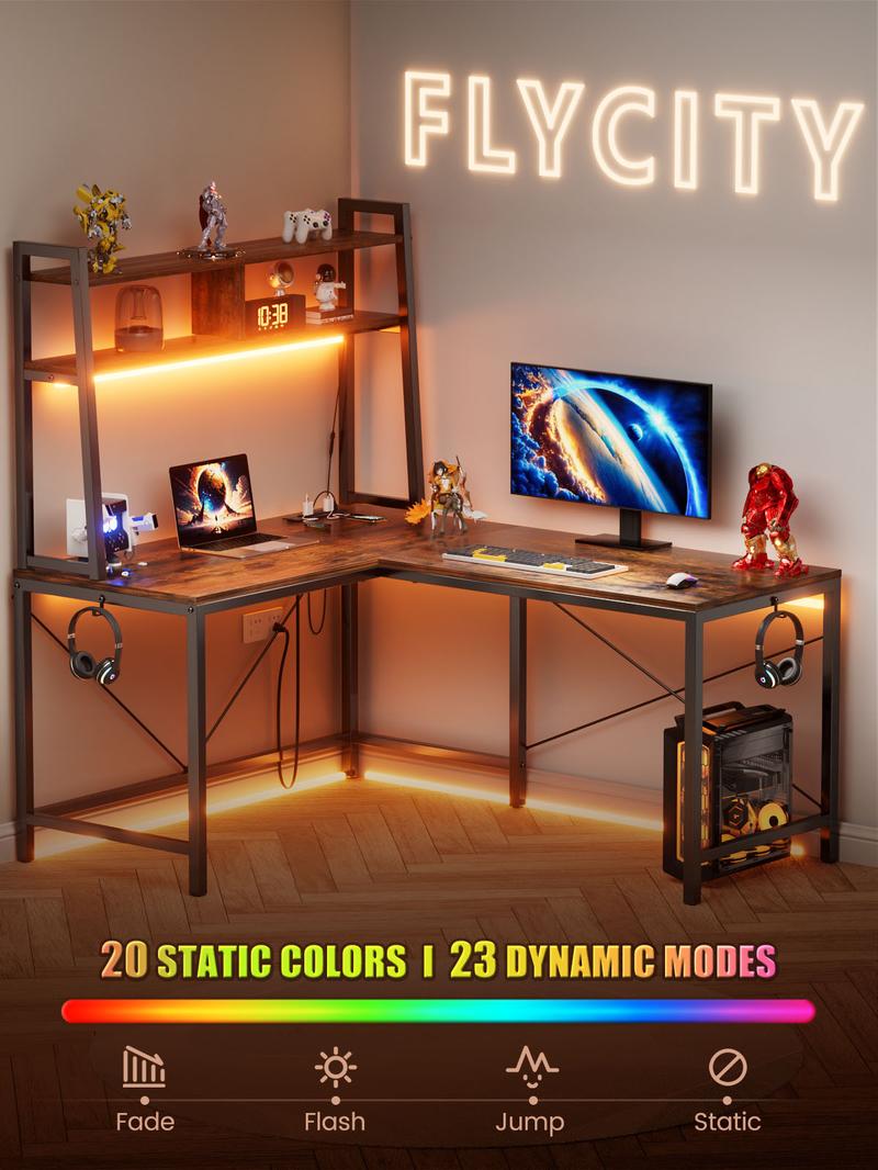 Flycity L-Shaped Gaming Desk or One-Line Table with LED Lights & Power Outlets,and Storage Shelves - 93.3 inch Computer Desk, for Gaming Room, Study, Living Room Modern Furniture Home Office