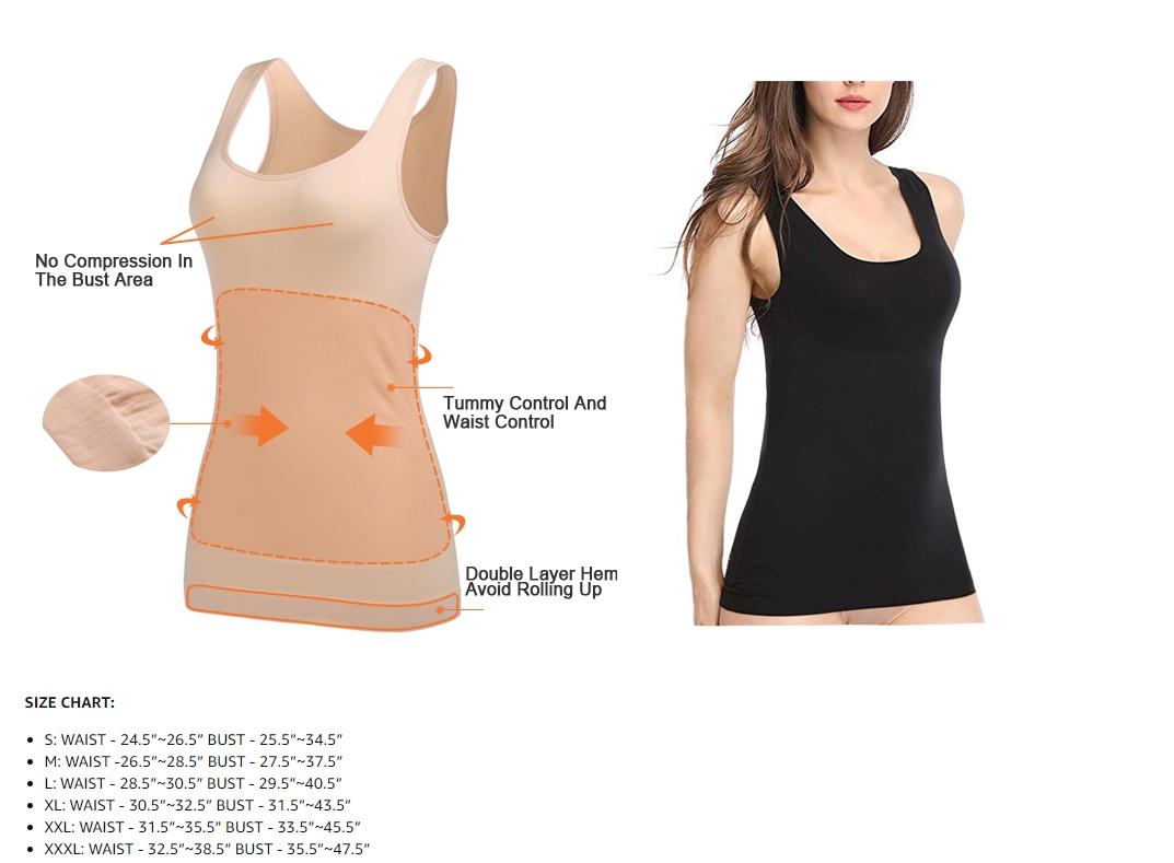 Women's Silky Fitted Snug High Stretch Fabric Tummy Control Waist Reduction Shapewear Tank Top - Comfy Compression Underwear Top for Day Wear