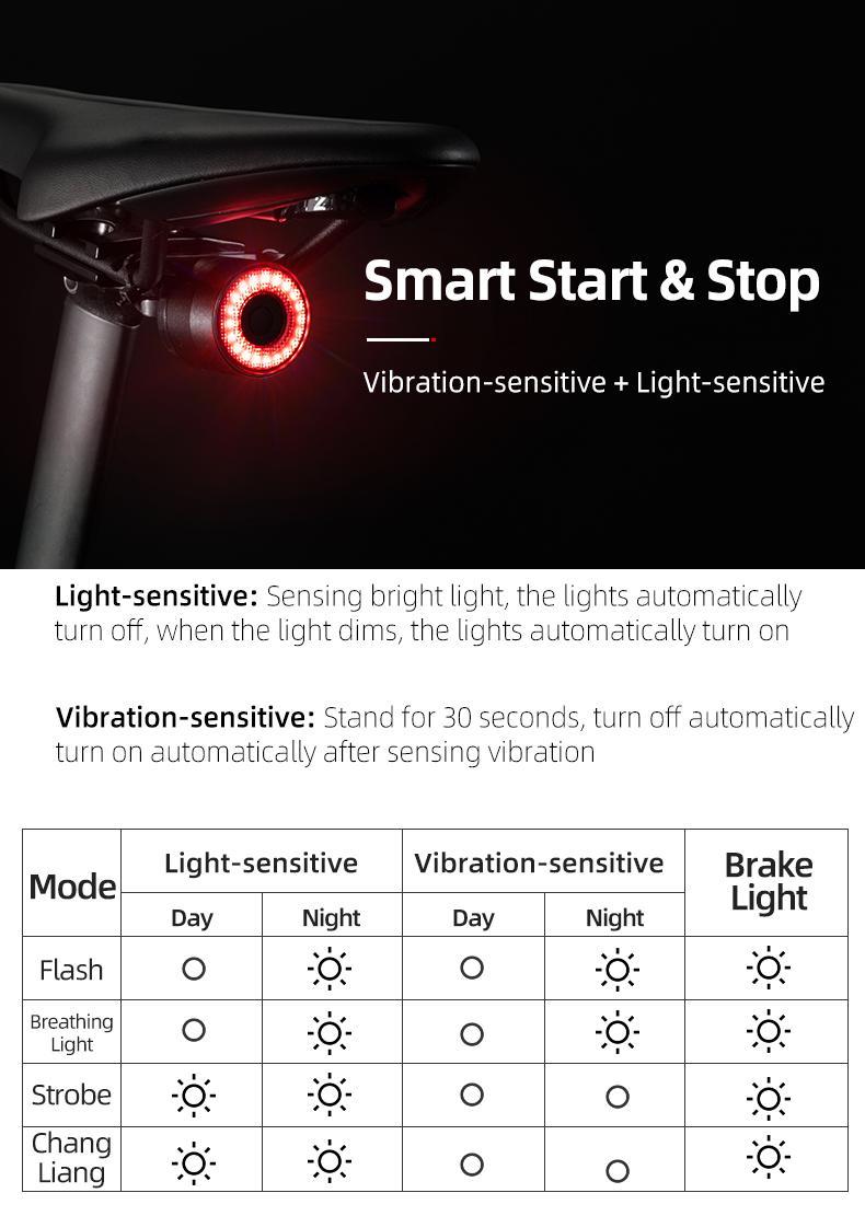 ROCKBROS Bike Tail Light, USB Rechargeable Bicycle Taillight, Auto On Off Sensor IPX6 Waterproof Bike Rear Lights for Night Riding and Bicycle Safety, 4 Light Modes Cycling Safety Light