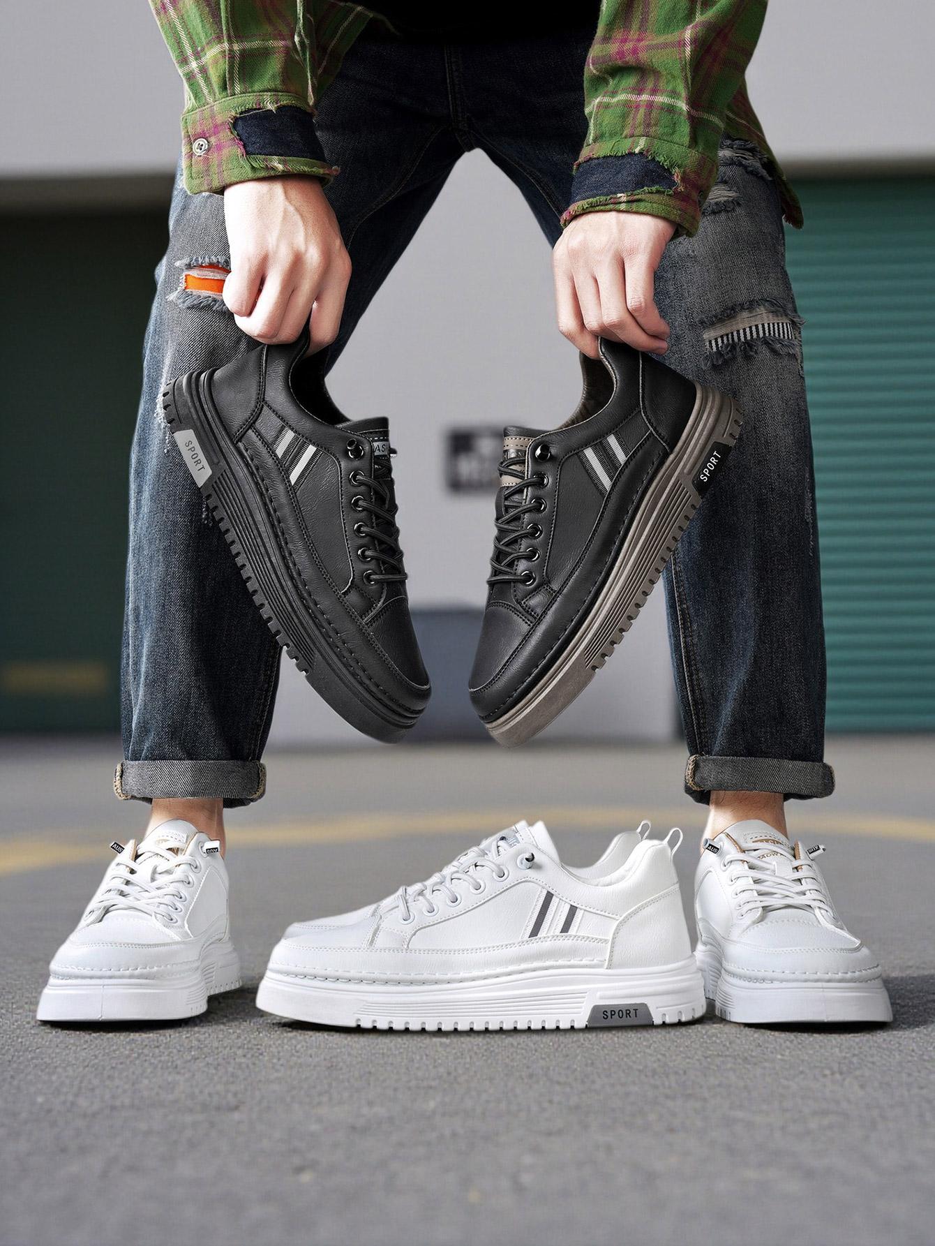 Men's Summer Thick Sole Sneakers, Simple Striped Casual Board Shoes, Soft Leather Breathable Lightweight, Height Boosting Slim Fit, Versatile Daily Wear