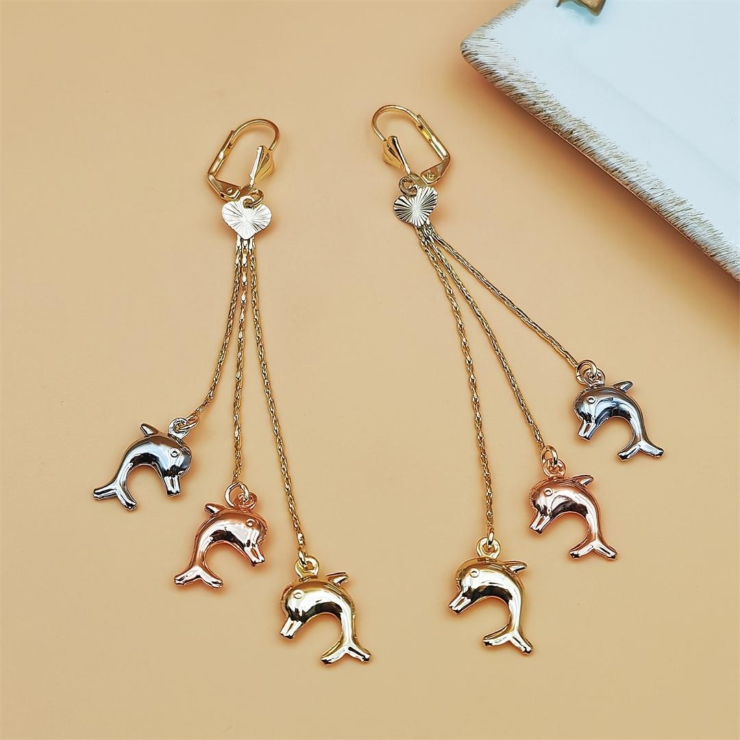 Women's Polished Copper Alloy Dangle Earrings - 3-Tone Elephant-Dolphin Charm Multi-Chain Tassel Ear Jewelry, Lightweight Elegant Craft for Wedding, Daily Casual Use (Sports & Outdoor Accessory Complement)