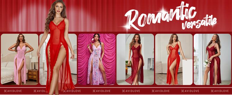 Avidlove Women's Lace Nightgown Floral Mesh Chemise with V-Neck & Side Splits Fitted Loungewear for Comfortable Wear Soft Lightweight Lingerie - Drop Shoulder Nightdress