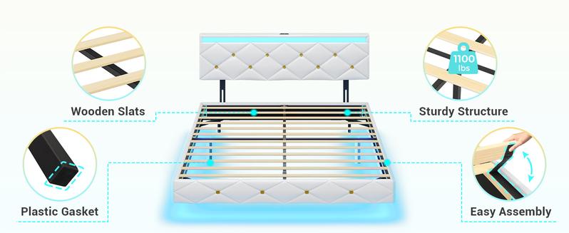 Hasuit Floating Bed Frame Queen Size with LED Lights and Charging Station, Modern Queen Platform Bed with Vegan Leather Upholstered Headboard, No Box Spring Needed, Noise Free, Easy to Assemble