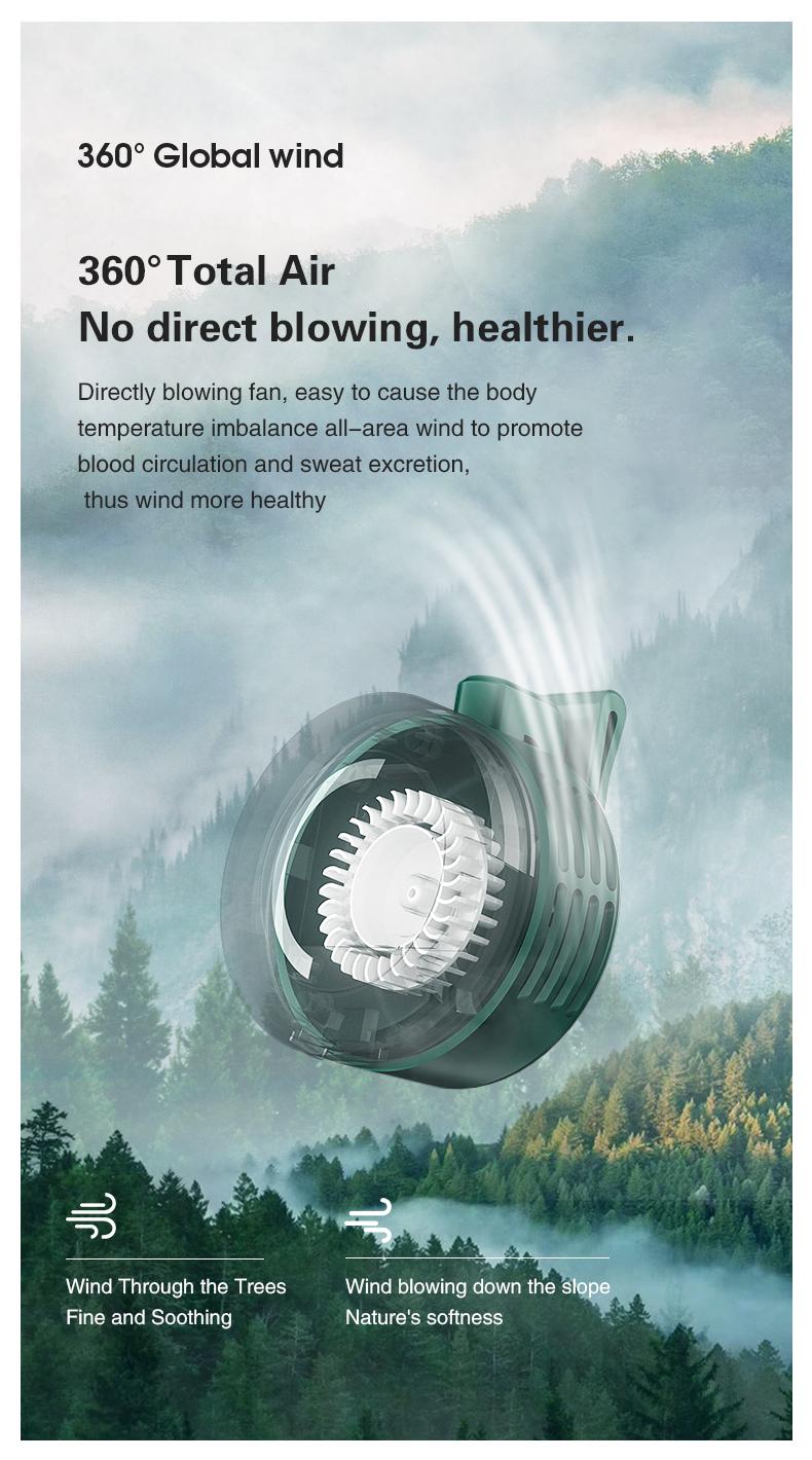Mini Wearable Waist Fan – 360° Rotating Bladeless Airflow, USB or Battery Operated, Hands-Free Cooling for Hiking, Farming, and Camping