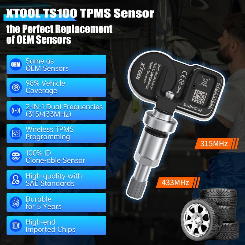 XTOOL TS100 Tire Sensor (315/433MHz), Programmable TPMS Sensor Replacement for XTOOL TP150/IP819TP Auto Parts Tire Pressure Monitoring System Car Accessories