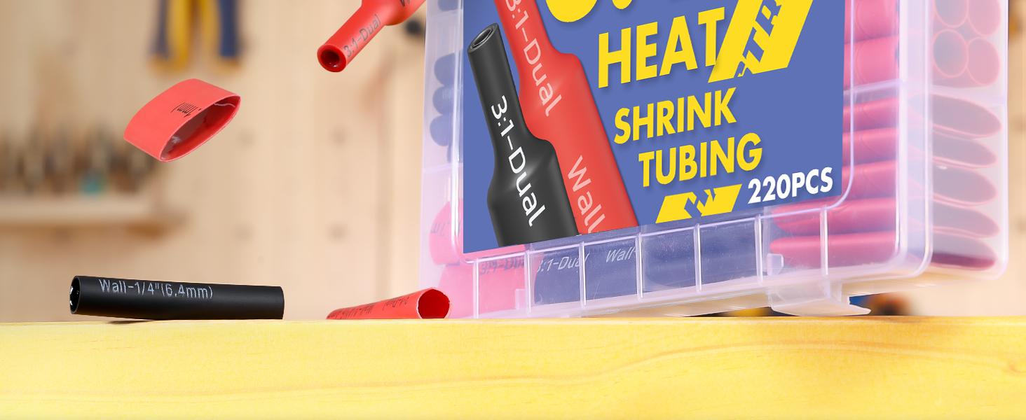 haisstronica 3:1 Heat Shrink Tubing Kit, Adhesive Lined Marine Resistant Grade Shrink Wrap - 1.75"length 6 Size Perfect for Home and Industrial, 1/8"-3/4" 220PCS - Black, Red