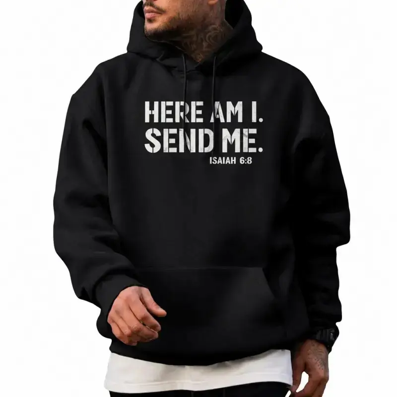 Men’s  Christian Hoodie, Here Am I Send Me Isaiah 6:8 Bible Verse Graphic Pullover Hooded Sweatshirt, Faith Casual Long Sleeve Top, Gift for Believers & Christian Missionaries