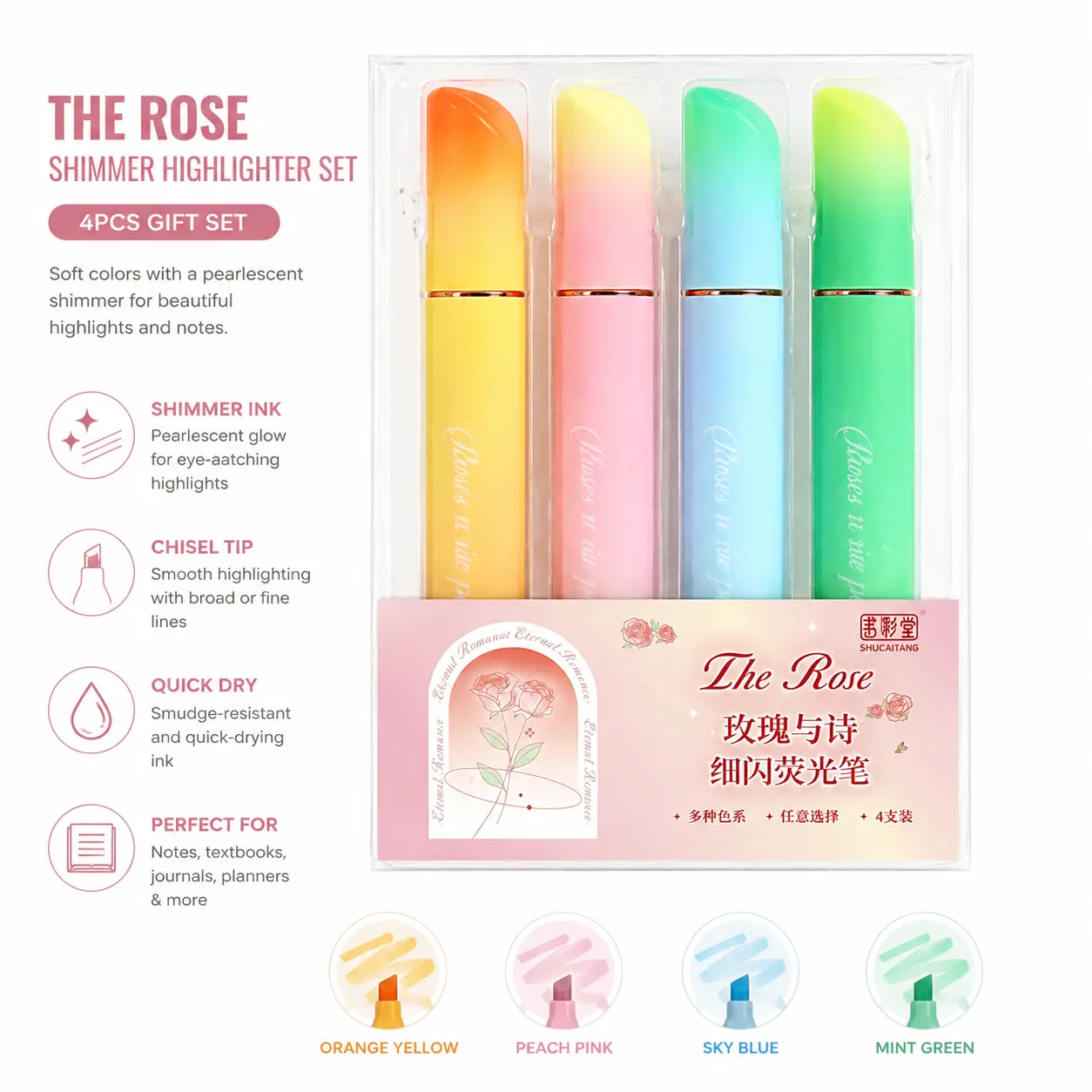 4 Pack Glitter Highlighter Pens, Pastel Gradient Fluorescent Markers with Chisel Tip, Sparkle Bible Highlighters for Journaling, Note Taking, Study, School and Office Supplies, ABS Barrel