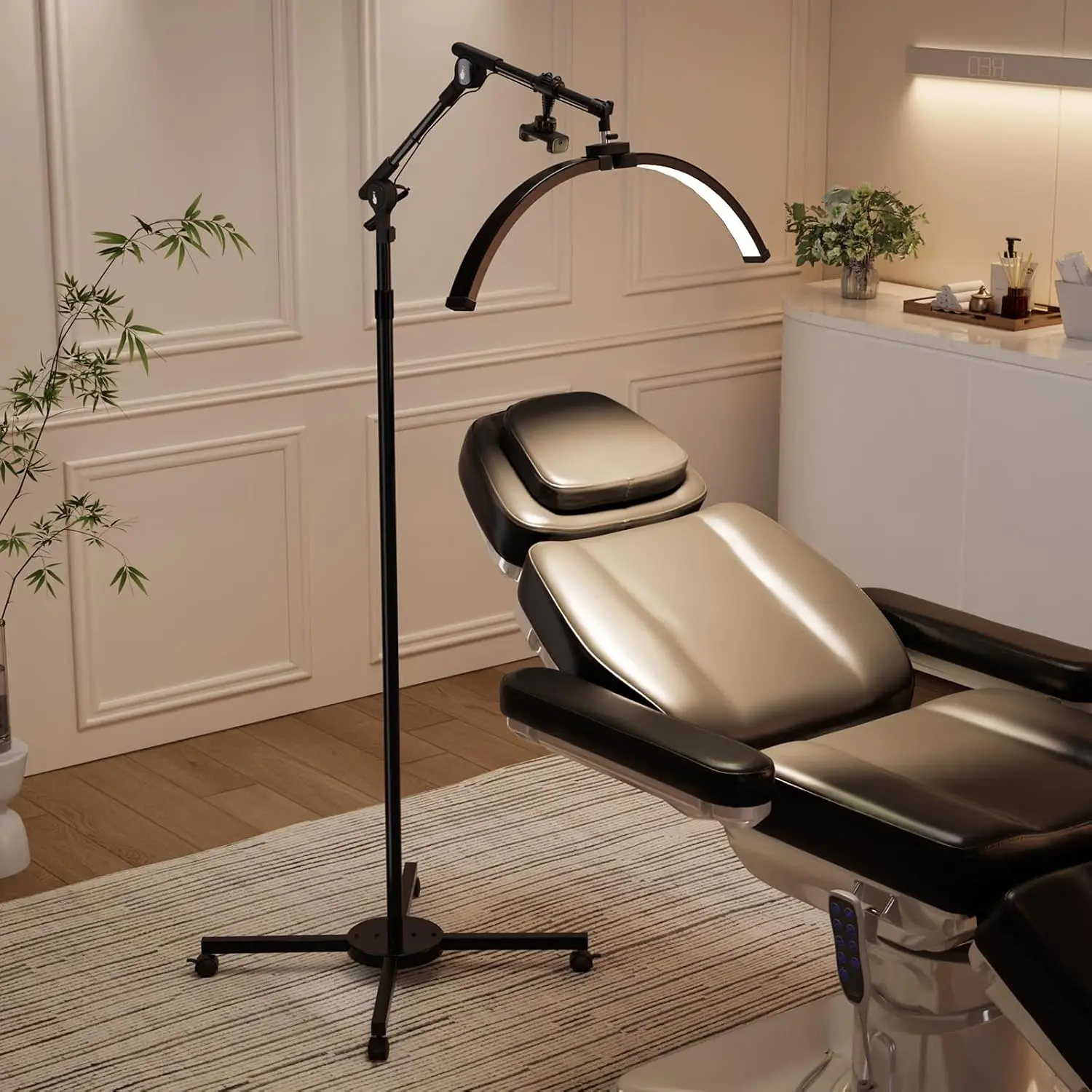 OmySalon Half Moon Light Lash Lamp, Movable Shadowless LED Floor Lamp w/Adjustable Height & Phone Holder, Dimmable Lighting for Eyelash Extensions, Lash Tech, Nail, Tattoo, Esthetician & Salon