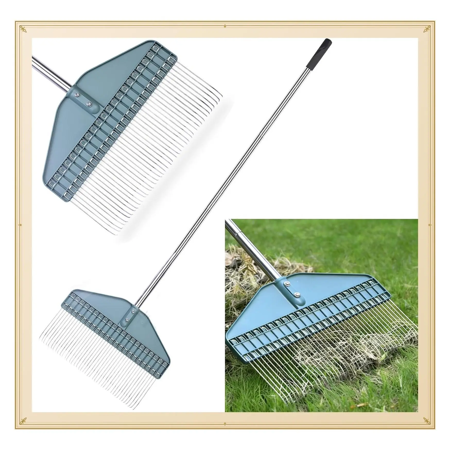Thatch Rake with 66 Inch Adjustable Handle, 17 Inch Wide Durable Dethatcher Rake for Garden, Yard and Lawn - Removes Thatch, Pine Needles, Burrs and AcornsGift