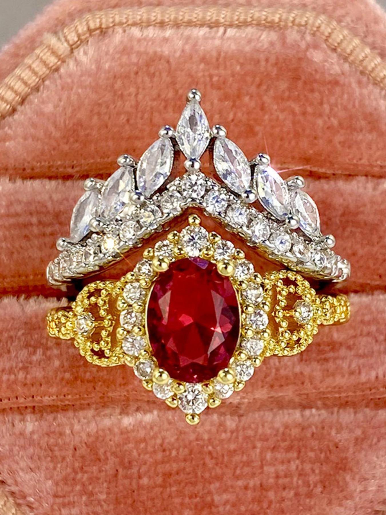 Luxurious Princess Crown Ring, Elegant Zircon-Embedded Courtly Design, High-End European Fashion Jewelry, Sophisticated Couple Rings