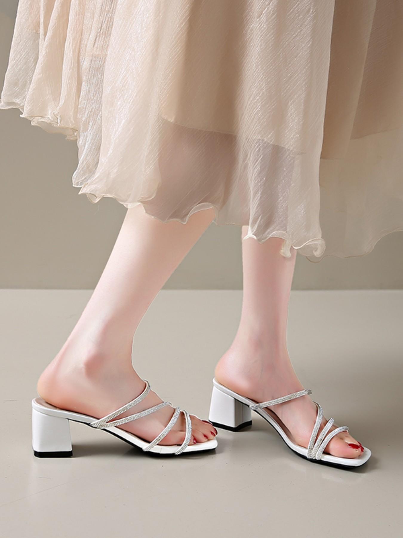 Women's Square Toe Rhinestone Sandals, Chunky Heel Mid-Heel Fairy Style Summer Outdoor Versatile Two-Wear Strap Flats