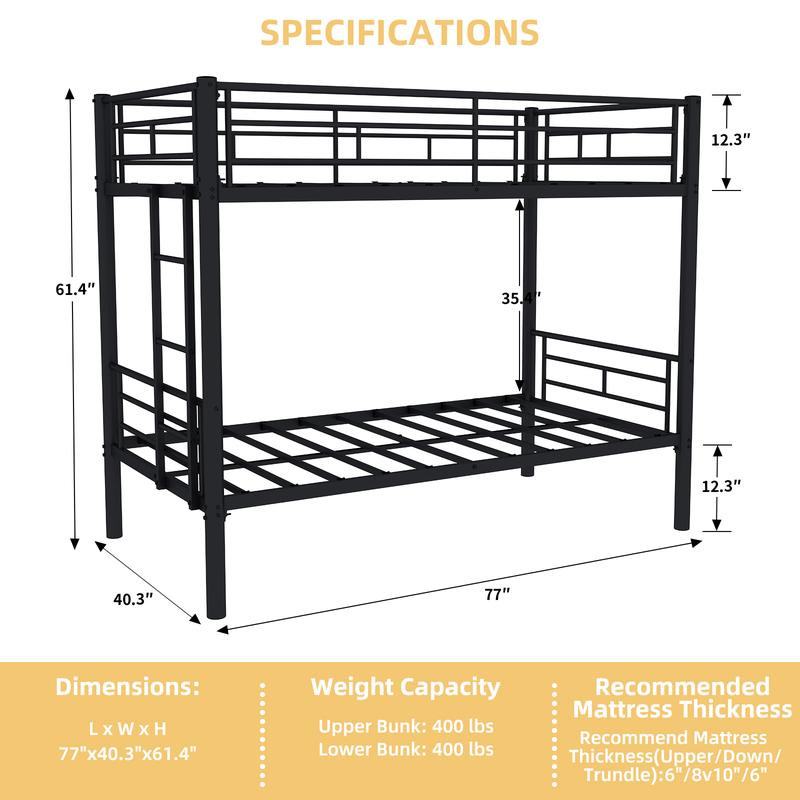 Bunk Bed Frame Twin Over Twin, Heavy Duty Detachable Metal Bunk Beds with Ladder and Full-Length Guardrail, Space Saving Design, No Boxing Spring Needed, Easy to Assemble, Black