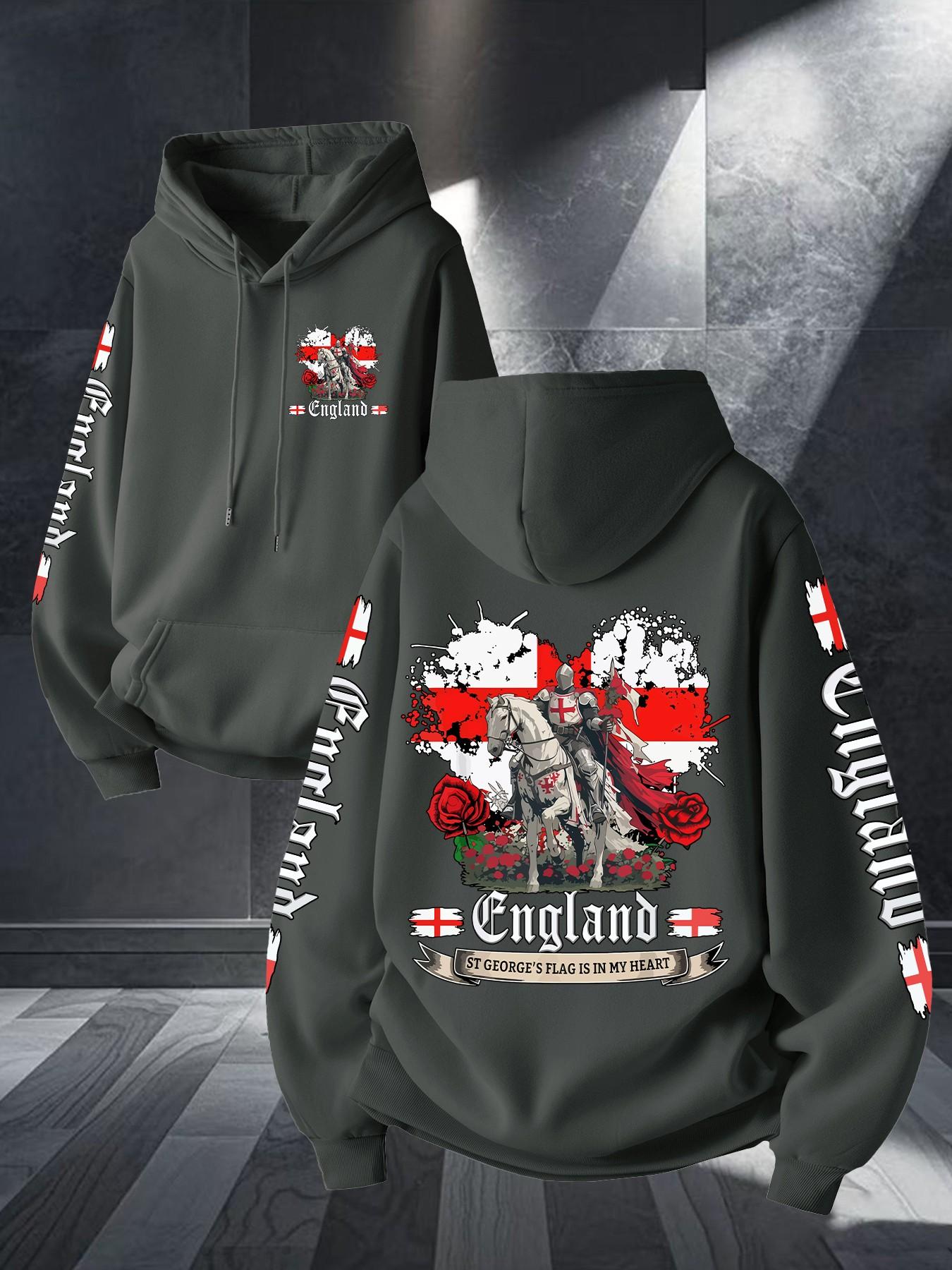 Middle Ages Long Spear Knight England Flag Print Hoodie, Unisex Casual Long Sleeve, Kangaroo Pocket, Fall & Winter Streetwear