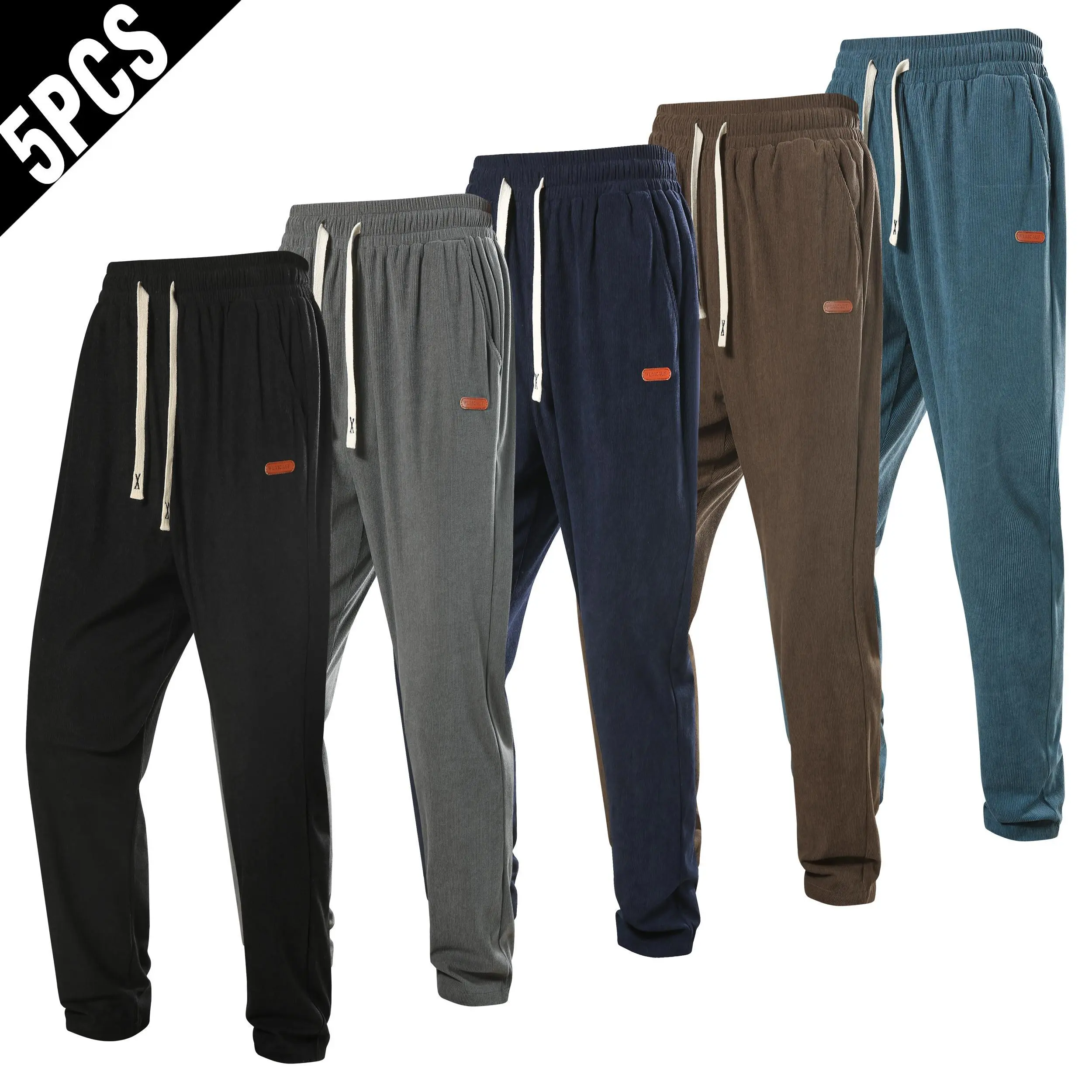 Men’s 5-Pack Plain Corduroy Jogger Pants - All Seasons Menswear, Small Leather Label, Drawstring Elastic Waist, Ankle Cuffed, Loose Fit, Soft Casual Streetwear Trousers for Men sweatpants, Bulk Fashion Men's Pants, Adjustable Waist Men's Pants