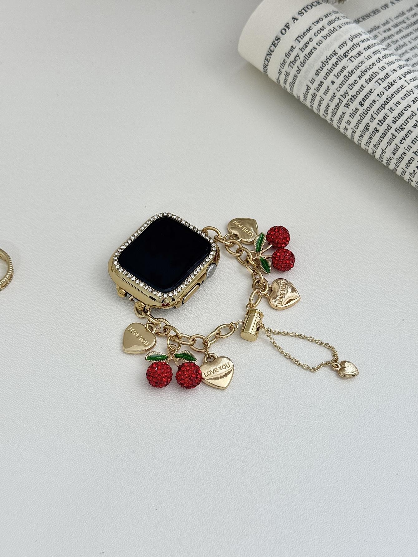 1PC fashionable heart-shaped cherry combination chain Apple Watch bands, Smart Watch Accessories, compatible with Apple Watch 38/40/41/42/44/45/46/49mm, for Ultra/SE/11/10/9/8/7/6/5/4/3/2/1, (watch and case not included), Smartwatch Accessories