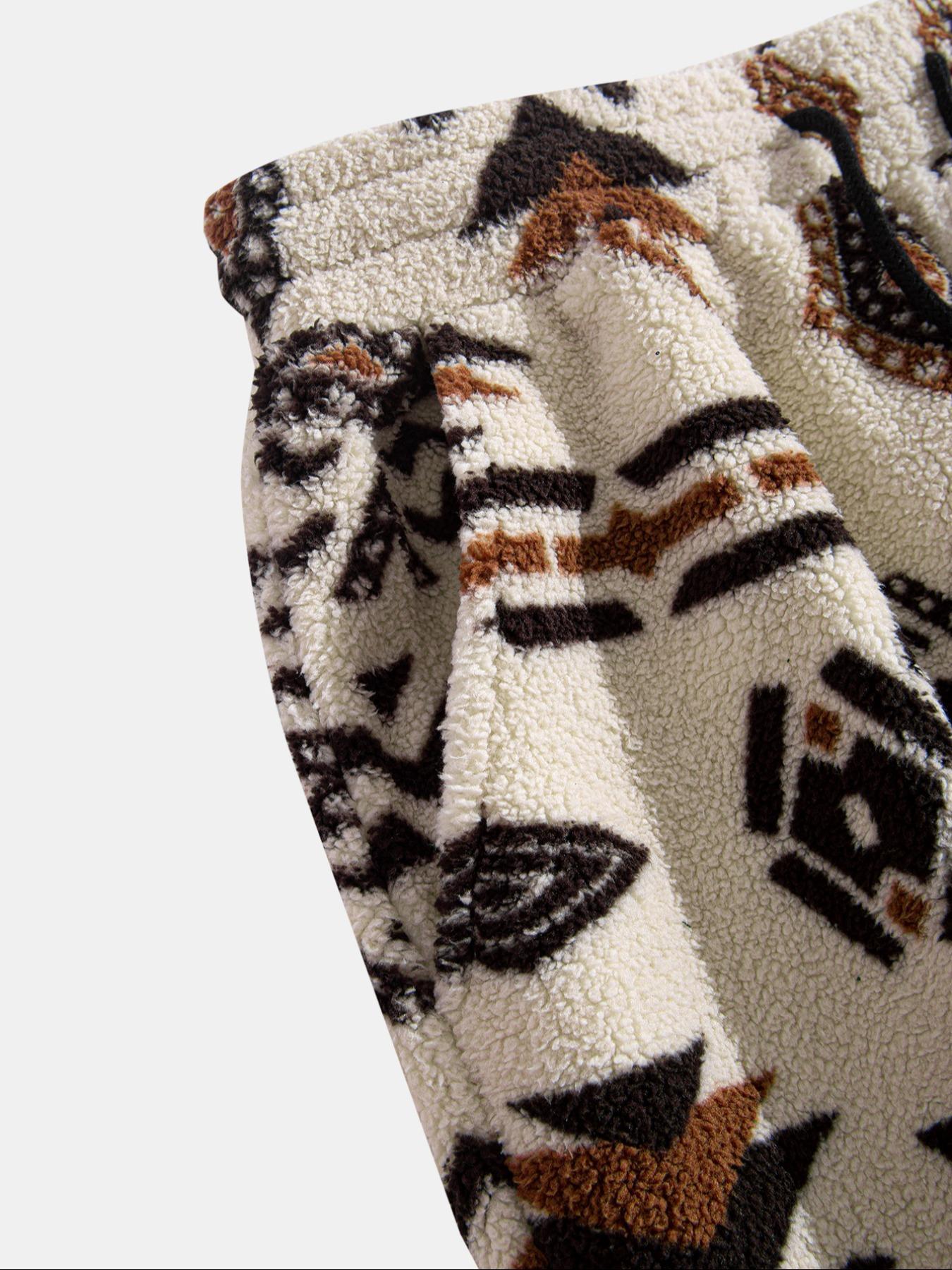 Men's Ethnic Style Plush Print Hoodie Set, Soft Comfortable Fabric, Casual Sportswear for Daily Wear & Outdoor Activities