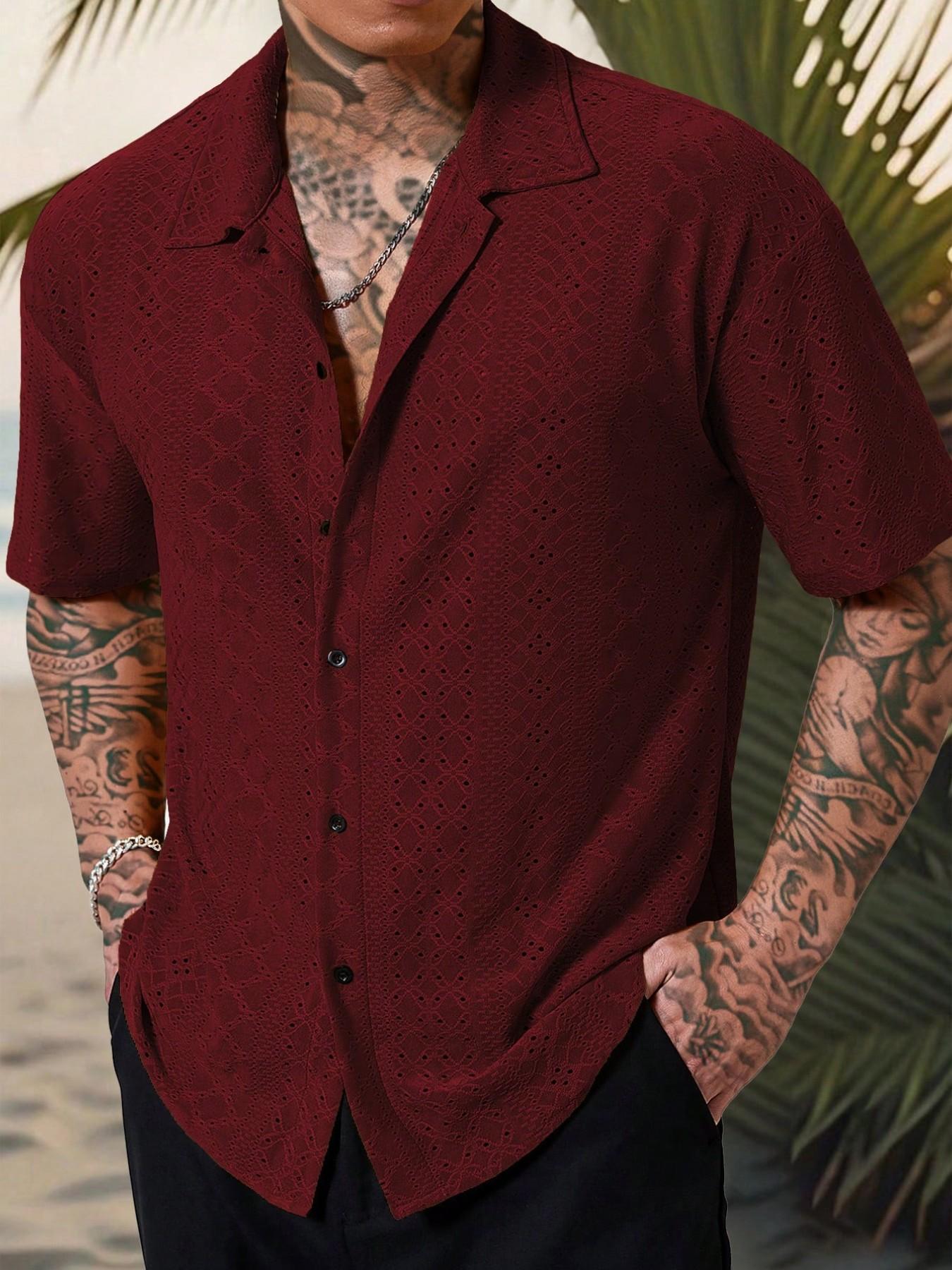 Men's Vacation, Tropical Casual Style, INS Matched Knitted Black And White Geometric Striped Crochet Textured Jacquard Loose Short-Sleeve Shirt, Featuring A Button Placket, This Shirt Embodies Elegance And Romance, Making It Perfect For Hawaiian Beach
