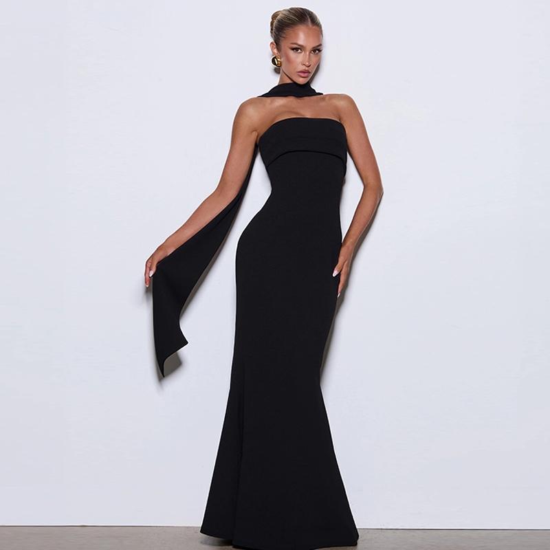 Women‘s Black Tie-neck Dress, Solid Ruched Sleeveless Strapless Backless Tube Dress & Halter Neck Scarf Ribbon Two-piece Set, Plain Back Zipper Maxi Long Dresses, Sexy Cocktail Party Club Date Evening Gown Wedding Guest Mermaid Dress Outfit For Ladies