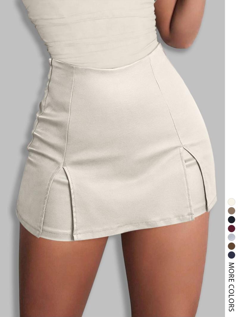 Women's Split Hem High Waist Skinny PU Skorts, Stretchy Zip Back Faux Leather Skort for Holiday Club Daily Wear, Lady's Bottoms for All Seasons