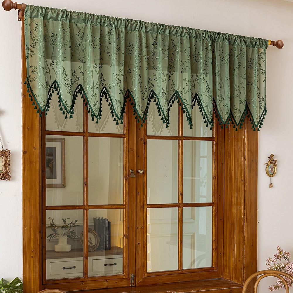 1pc American Country Leaf Embroidered Triangle Fringe Half Curtain, Vintage Coffee Shop Curtain, Kitchen Window Decor, Retro Style