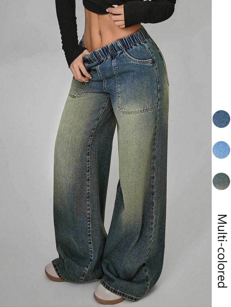 Women's High Waisted Casual Pants, Loose Wide Leg Jeans with Pockets, Elastic Waist, Button Front, All Seasons, Daily Wear