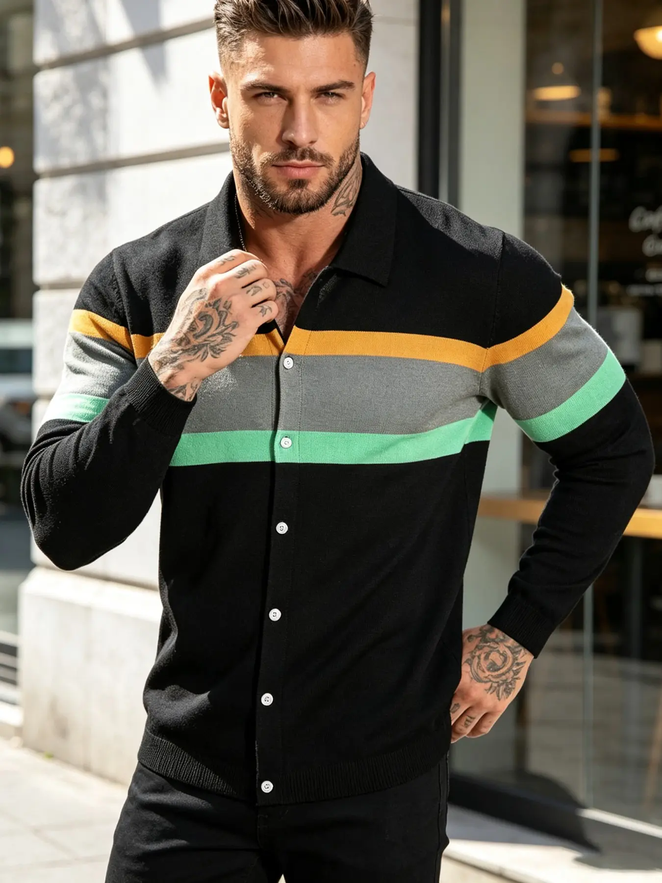 Men's Striped Knit Polo Cardigan, Vintage Casual Style, Button Long Sleeve Sweater, Wind-Resistant, Fall & Winter, Loose Fit