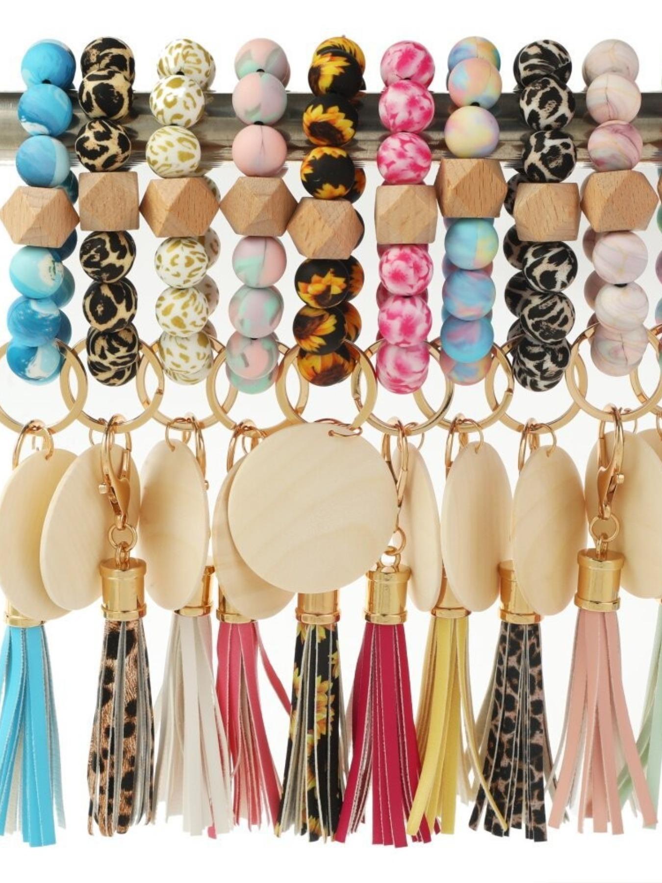 Women's Leopard Print Silicone Bead Wood Bead Tassel Bracelet Keychain, Printed Silicone Bead Wood Slice Wrist Keychain Logo Wooden Plate