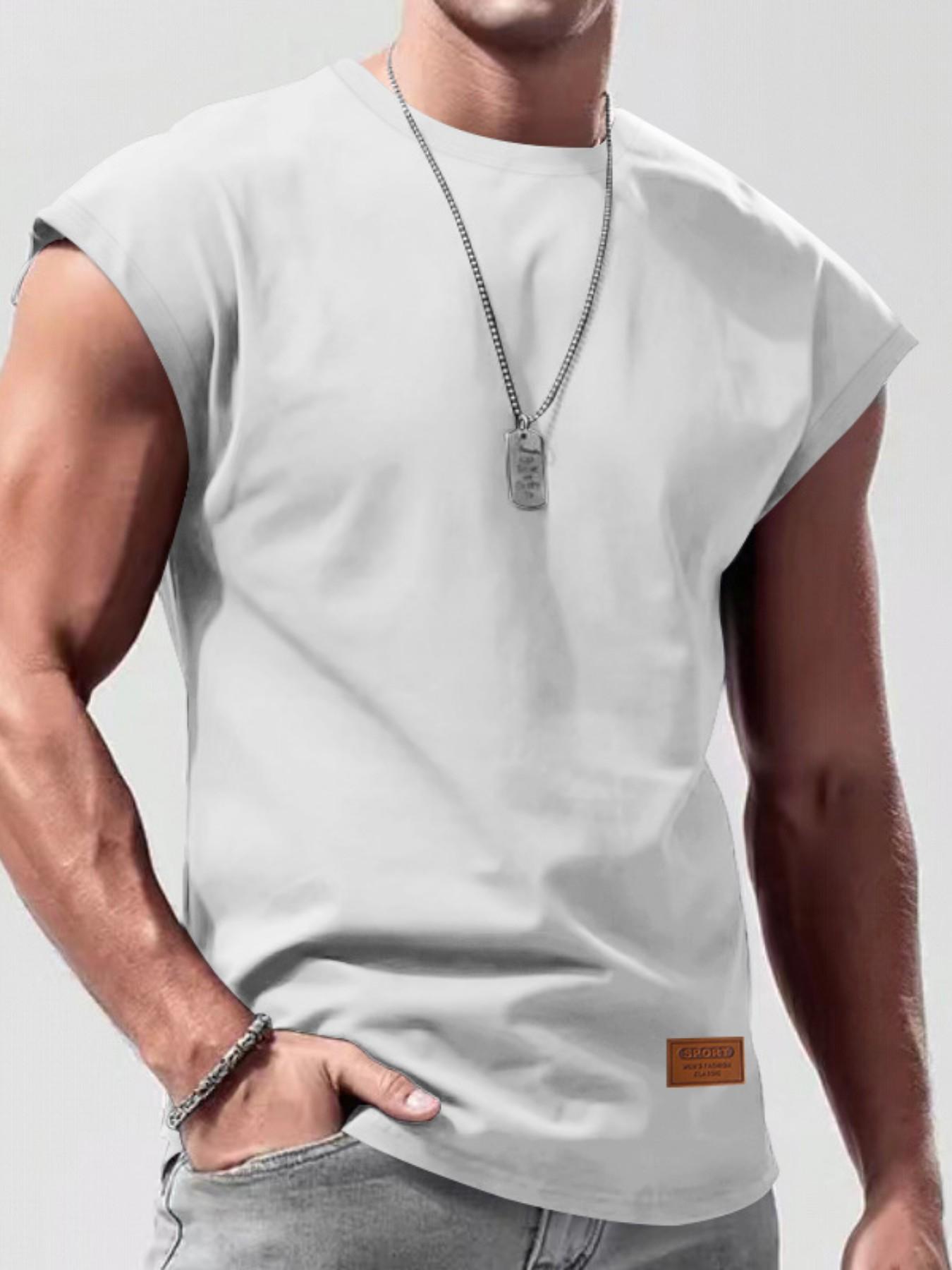 Men's Fashion Sleeveless Cotton Short Sleeve T-Shirt, Wide Shoulder Casual Tee, Leather Label, Comfortable and Stylish Summer Wear