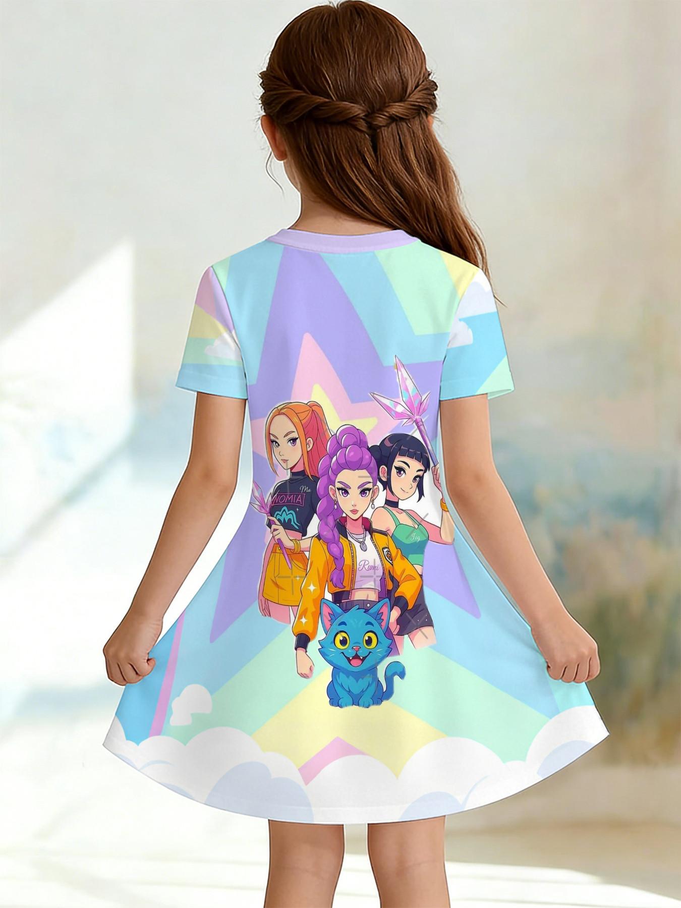 Girls' 3D Kpop Dress, Macaron Color Star Cloud Print A-Line Skirt, Perfect for Parties, Festive Gifts, Birthday Presents