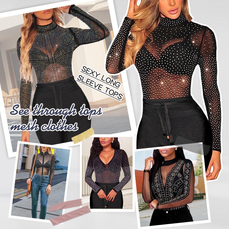 Women's Sparkly Rhinestone Sheer Mesh Top - Long Sleeve See Through Studded Blouse for Music Festival, Clubwear & Y2K Party