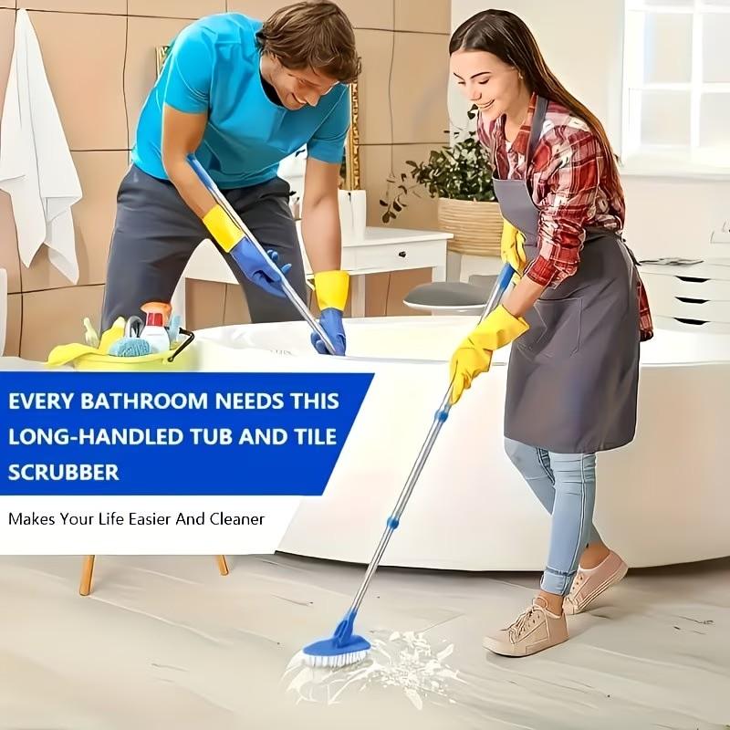 34" Extendable Tub & Tile Scrub Brush Set, 2-In-1 Shower Cleaner, Stainless Steel Handle, 3 Sponge Heads, Non-Scratch Cleaning Tool