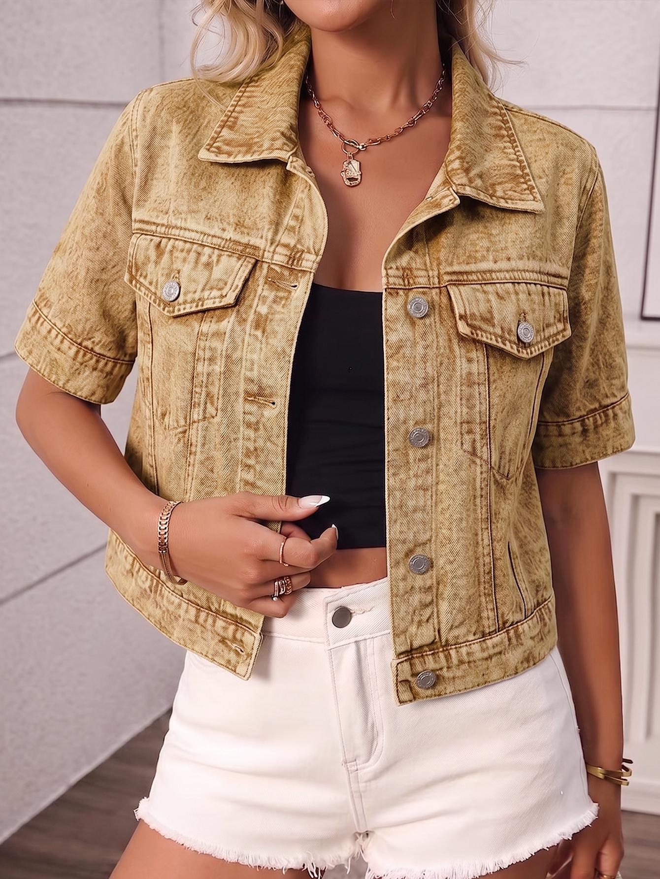 Women's Classic Short Sleeve Denim Jacket, Casual Single Button Short Denim Collar Top, Summer Outerwear, Loose-Fitting