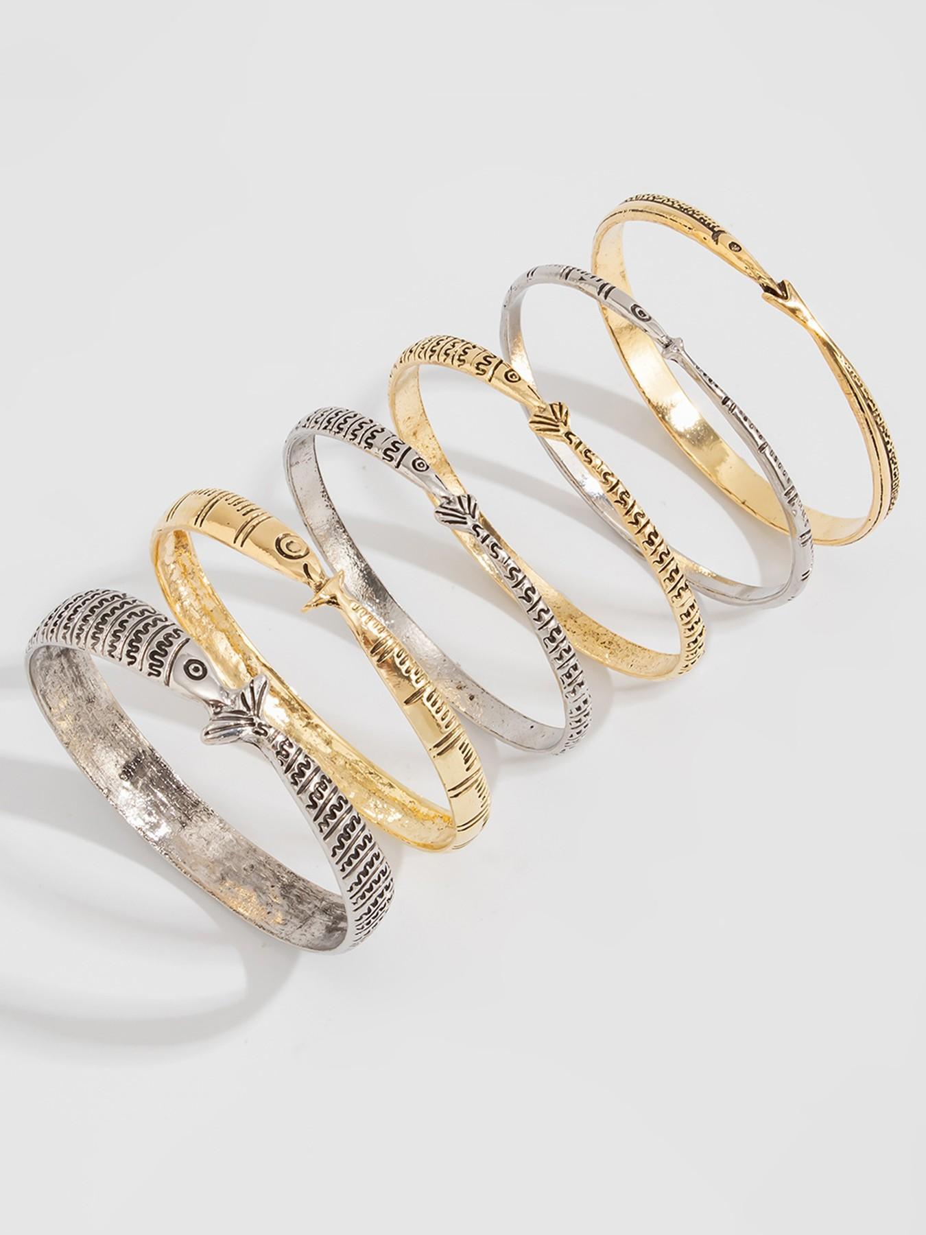 Women's 6-Piece Retro Tribal Alloy Cuff Bangle Set - Carved Fish Pattern, Ocean Theme, Layered Jewelry Stack, Vintage Tribal Art, Unisex Arm Candy Accessories, Fashion Bracelets Costume Jewelry